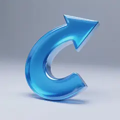俯视角构图，一个孤立在纯白色背景上的荧光蓝3D立体箭头图标，箭头整体呈现出液态金属质感，表面有从冷银色高光到靛蓝色阴影的渐变效果以增强流动感，箭头朝向右上方，箭身呈夸张的C形弯曲弧线仿佛正在破空前行，箭头部为倒三角形，边缘锐利如冰刃并泛着微弱的光晕，整体造型兼具未来科技感与动态张力，具有穿透性的视觉指向性。