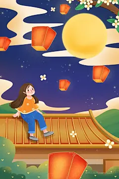 手绘插画6567_中秋屋顶赏月的女孩