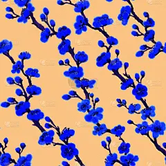 图案，纹理，手工笔刷。盛开的枝五月李树，樱花。墨水的图形图像。东方，中国，日本，韩国风格。彩色一套花