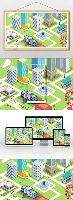 创意25D立体等距建筑城市场景插画