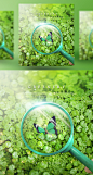 蝴蝶 放大镜 草地 绿色植物主题海报PSD_平面设计_海报