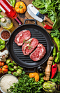 Ingredients for cooking healthy meat dinner. Raw uncooked beef steaks with vegetables, rice,... by Anna Ivanova on 500px