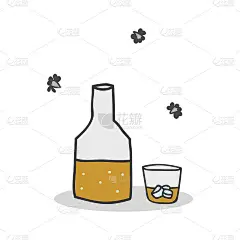 海报模板与一个瓶子，一个玻璃和苍蝇卡通风格。