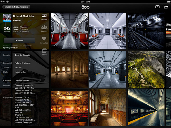 500px摄影照片分享平台iPad版界面...