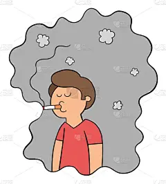 卡通人物吸烟，并被自己的香烟烟雾，矢量插图