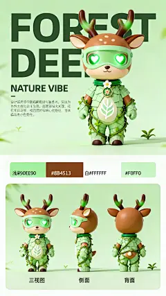 主体是清新森系小鹿潮玩（头部有棕绿渐变角、浅绿面罩带 爱心 形绿光眼，身覆浅绿藤甲、腹有白纹树叶，颈戴绿项圈缀花朵徽章），搭配 “FOREST DEER” 大字体背景与 “NATURE VIBE” 标语；画面风格为潮玩设计风，质感带藤蔓粗糙感与植物柔光；场景无具体环境，以浅绿为底突出主体；风格参考森系插画与潮玩盲盒设计，偏向清新自然风；色调以浅绿、棕、白、浅绿为主，色彩清爽有生机；构图采用上下分栏，上部分展示主潮玩与文字，下部分呈现三视图（正面、侧面、背面）、色卡（浅绿 #90EE90、棕 #8B4513