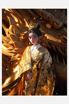 数字艺术手绘国风插画黄金女战士龙女战士-众图网