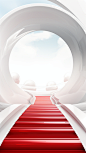 a white abstract scene with a red colored stairway, in the style of circular shapes, 32k uhd, streamlined design, rim light, utilizes, technological design, innovative page design