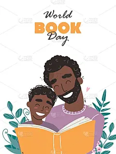 父亲在给儿子读书。父亲节快乐，爱你的家人。世界书日