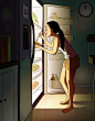 【美国洛杉矶插画师Yaoyao Ma Van笔下的单身独居女的日常】—— 半夜打开冰箱偷吃东西超幸福。

