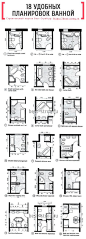 18 шикарных проверенных удобных планировок ванной комнаты - как расположить раковину, ванну, биде, стиральную машинку чтобы было комфортно и функционально. Планировка ванной комнаты. Зонирование ванной комнаты.