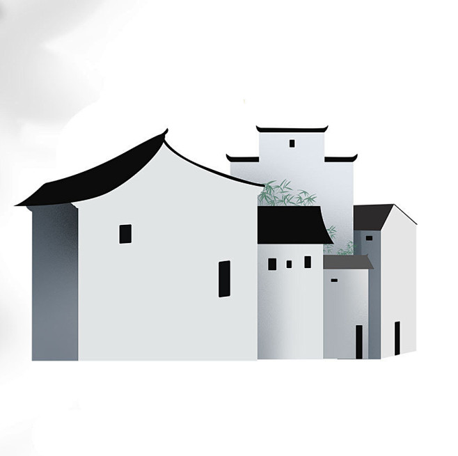 扁平风竹叶江南老街古建筑徽派建筑元素插画