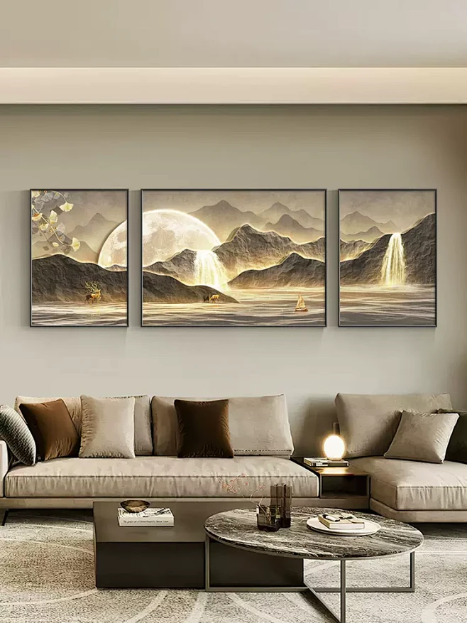 现代轻奢客厅装饰画福禄金山沙发背景墙挂画...