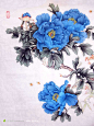 蓝色牡丹花国画高清图片