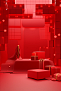 3d rendering of a red room with gifts and boxes, in the style of sculptural and geometric, relief, neo-mosaic, kodak vision3, minimalistic compositions, bentwood, nightscapes