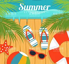 夏季沙滩木桥插画  - 源文件下载【酷图网】海星,沙滩拖鞋,太阳镜,游泳圈,棕榈树叶,eps,ai,矢量,高清图片,素材,