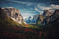 Colorful trees fill the bottom of Yosemite Valley in the autumn