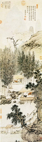 历代以竹为题材的绘画
明 沈贞 竹炉山房图 立轴 纸本 设色 纵115.5厘米 横35厘米 辽宁省博物馆藏 
        沈贞，生于1400年，卒年不详，明代画家。一名贞吉，号南齐、陶然道人，长洲(今江苏苏州)人。工唐律，善绘事，山水取法董源，略具烟林清旷、平淡天真之趣。此画山峰耸立，山岩脚下，丛竹苍翠，清溪湍流，杂树、山房、水榭、庭院错落其间，竹房内有人对坐闲谈，颇得清幽之趣。沈贞师法董源，又取元诸家之长，山水精妙，直逼宋人。此图笔墨工整缜密、清新秀逸。