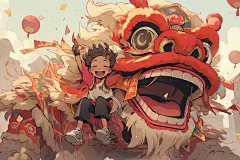 舞狮少年国潮中式插画