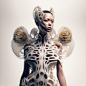 post apocaliptic biomimetic insect ecologic dress and jewelry, biomimetic robotic vegetation dress inpired in cyber punk made of 3d printed silicone designed by iris van herpen, mushroom and diamonds pattern, iris van herpen + bjork dress style, one model