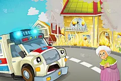 卡通场景中有救护车开着车穿过城市去帮助发生火灾事故的人