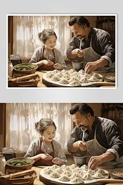 AI数字艺术冬至传统一家人包饺子插画
