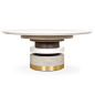 St. Germain Round Dining Table : Make a statement with the St. Germain Round Dining Table. Featuring a 60" diameter white top and a base featuring a stacked ring design with various woods and brushed brass, the St. Germain Round Dining Table is somet