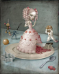 Nicoletta Ceccoli画面中美丽的女孩，都长着猫科动物一般分得很开的双眼，樱桃一般小小的红唇，有时候女孩的身体是花，是蛋糕，是鸟，是蜘蛛……画面上有杀戮和鲜血，带来Tim Burton作品中那种残酷、暗黑的感觉。