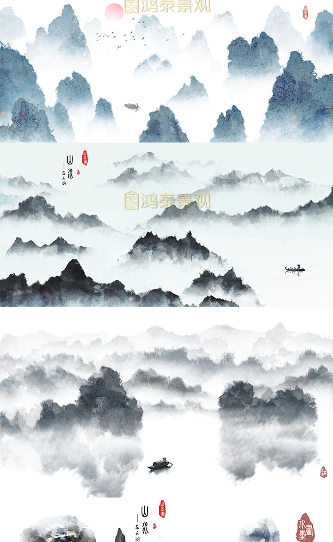 景观山水传统水墨古风PSD效果图山水背景新中式湖远景立面ps素材-淘宝网-花瓣网