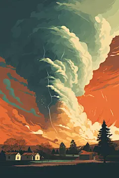 扁平风被破坏的房屋自然灾害龙卷风插画