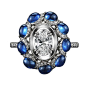 Alexandra Mor one-of-a-kind platinum ring featuring nine blue oval-cut sapphire cabochons and an oval-cut floating diamond.@北坤人素材