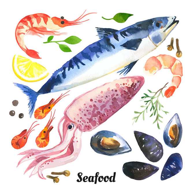 手绘海鲜水产鱼虾蟹餐厅插图图形海报包装A...