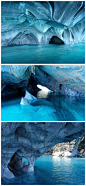 【世界最美丽的洞穴—卡雷拉湖】智利巴塔哥尼亚上的大理石大教堂是一个自然奇观，堪称世界最美丽的洞穴。它就像自然创造的一座蔚蓝色的寺庙，天空的颜色反射到水溶洞里，整个水蓝色岩洞里出现令人难以置信的光之景。