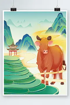 唯美国潮山水耕牛梯田仙境插画-众图网
