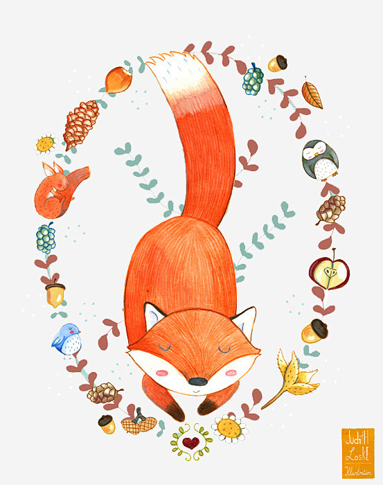 手绘小狐狸花环图高清素材 创意插画设计 ...
