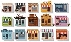 一些漂亮的商店。一套套可爱的小商店和餐馆或精品店的说明。咖啡店和小商店。大图标集