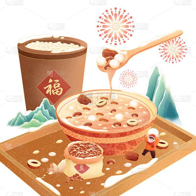 腊八节中国风中式微缩腊八粥山水场景组合元...