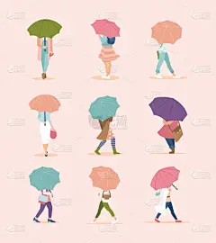 秋雨天人们走在伞下。成群结队的小人物在雨中对现代极简主义风格。柔和的颜色。春天的海报上有女孩在雨中在