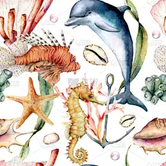 水彩无缝图案与动物。手绘海豚，狮子鱼，海马和锚插图隔离在白色背景。用于设计、打印和背景的航海插图.