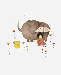 卡通女孩和大象高清素材 大象 浇花 花园 雨伞 免抠png 设计图片 免费下载