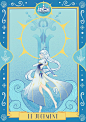 This may contain: an illustration of a woman in blue dress with long white hair and yellow eyes, standing on