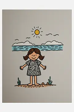 数字艺术插画版画海边女孩线条画扁平风装饰-众图网