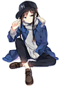 Anime picture   		1200x1696 with  		original 		sama (artist) 		long hair 		single 		tall image 		looking at viewer 		black hair 		simple background 		green eyes 		white 		sitting 		girl 		jacket 		shoes 		peaked cap