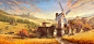 General 2155x1020 illustration video games Forge of Empires building Video Game Art house windmill field landscape clouds dirt road trees