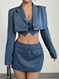 Women's Minimalist Commuter Office Style Striped Colorblock Collar Cropped Suit Jacket Blue Elegant  Long Sleeve Woven Fabric Striped Regular Slight Stretch  Women Clothing, size features are:Bust: ,Length: ,Sleeve Length: