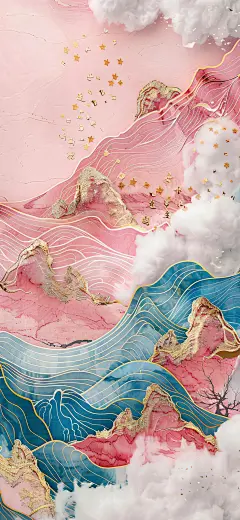 粉蓝配色山峦云海国风壁纸