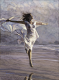 General 1541x2100 women painting artwork Steve Hanks portrait display water white clothing skirt T-shirt jumping sea beach closed eyes smiling reflection barefoot sand