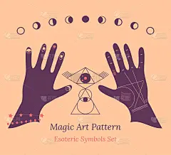 一套深奥的符号，为算命的手。魔术节插图，展望未来，与宇宙的联系，月相，手和手相符号。矢量图塔罗牌。