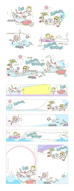 3套卡通手绘度假海滩潜水椰树海豚AI矢量文件EPS可爱清新卡通素材-淘宝网