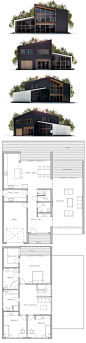 House Plan in Modern Architecture, three bedrooms, garage, two living areas, high ceiling in the living room